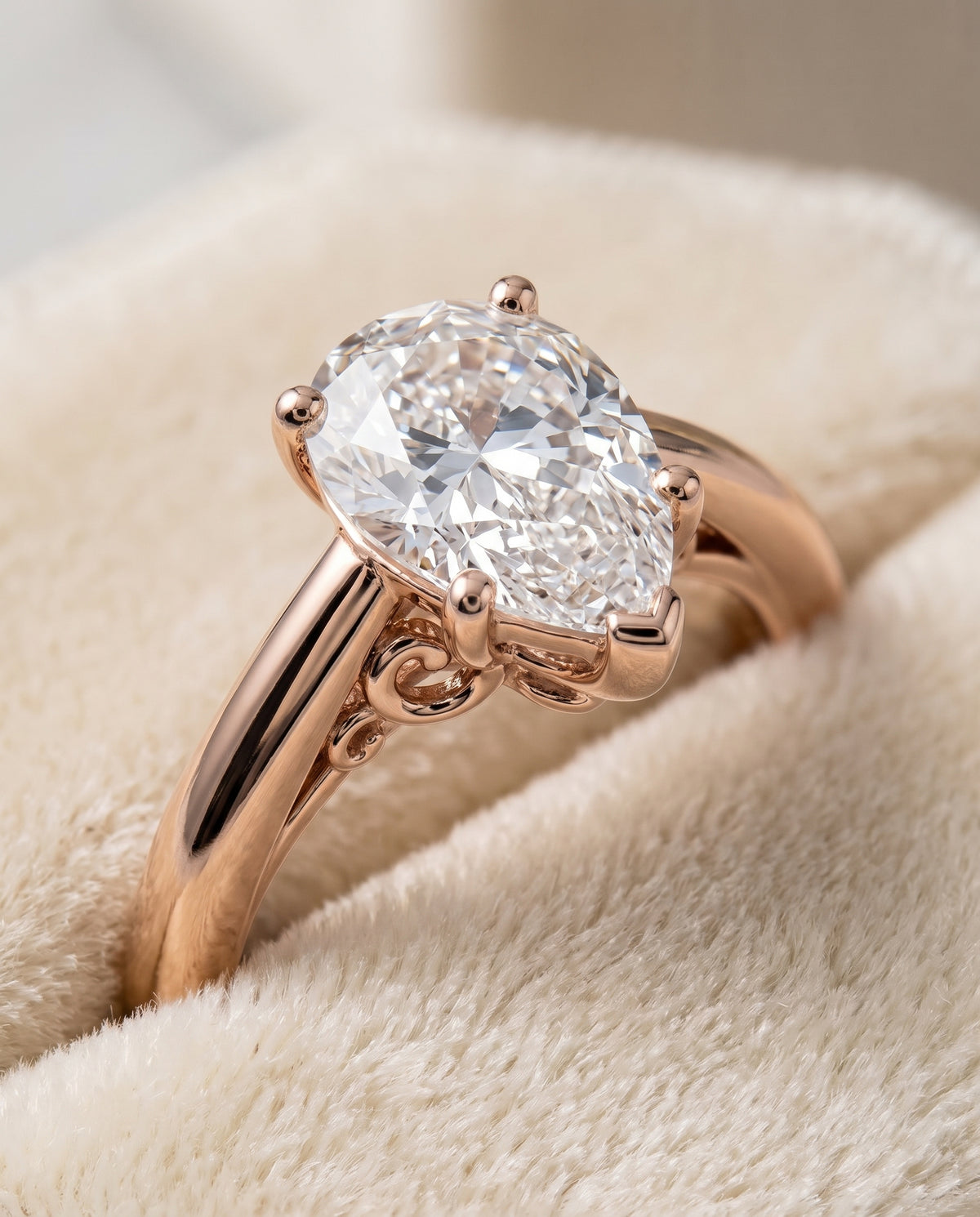 Pear engagement ring setting in 14K Rose Gold, Rio Scroll Gallery Comfort Fit Solitaire Pear, alternate view | RockHer