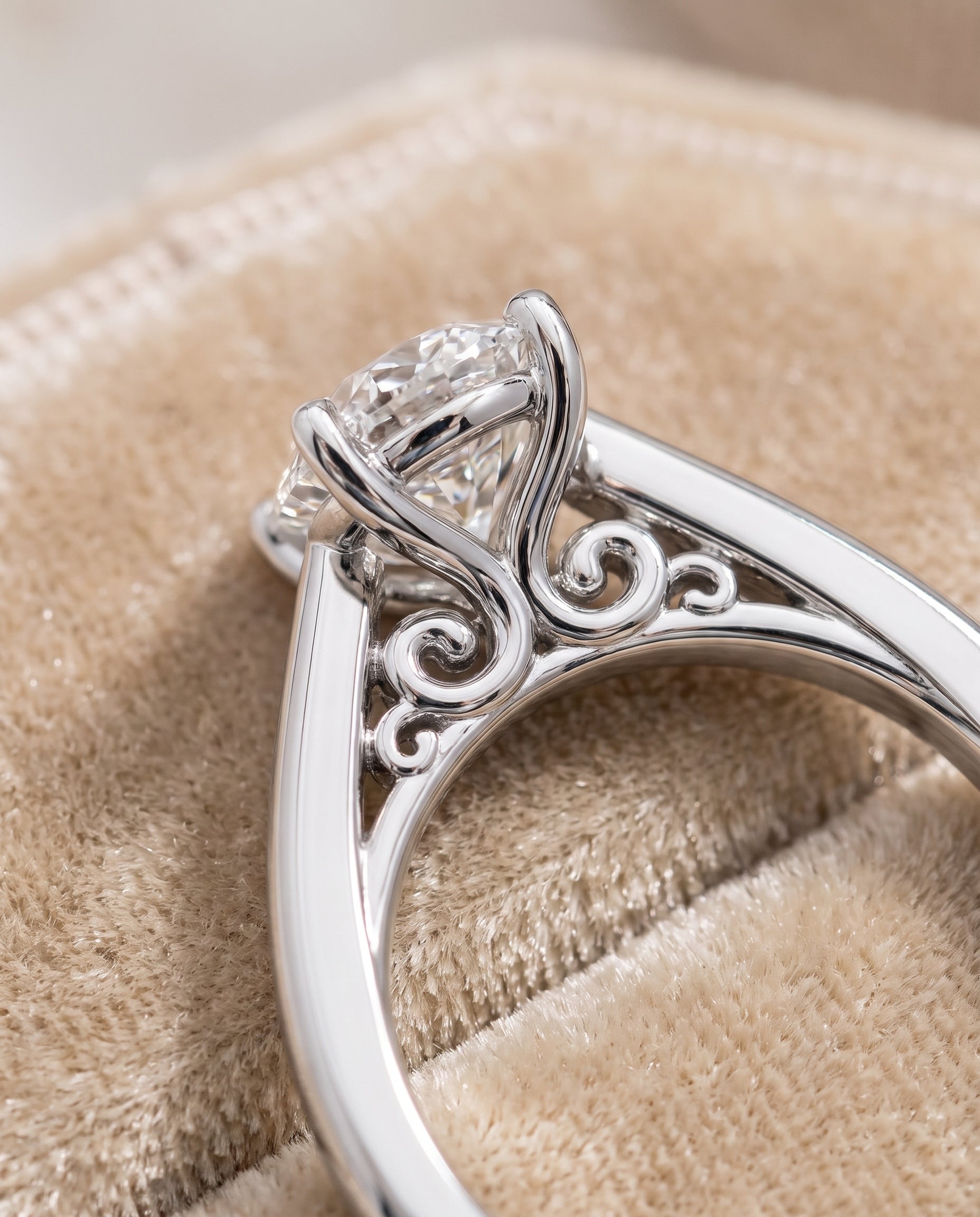 The Rio Scroll Gallery Comfort Fit Solitaire Pear Engagement Ring Setting in 18K White Gold