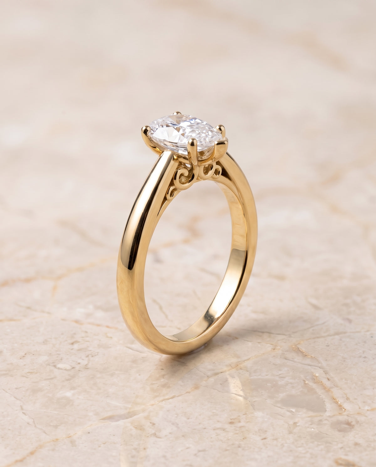 The Rio Scroll Gallery Comfort Fit Solitaire Pear Engagement Ring Setting in 18K Yellow Gold