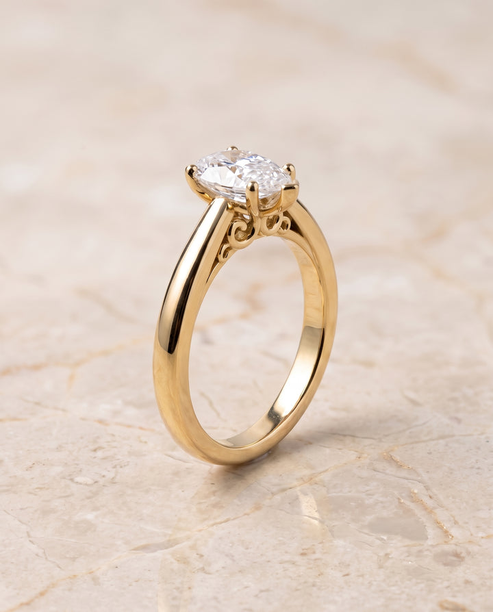 The Rio Scroll Gallery Comfort Fit Solitaire Pear Engagement Ring Setting in 18K Yellow Gold