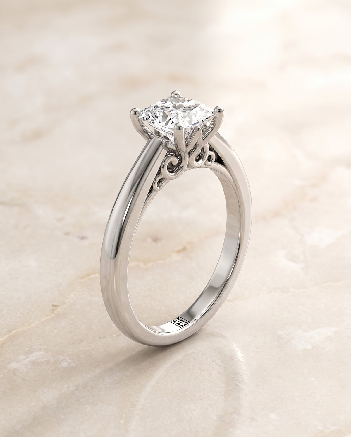 The Rio Scroll Gallery Comfort Fit Solitaire Princess Cut Engagement Ring Setting in Platinum