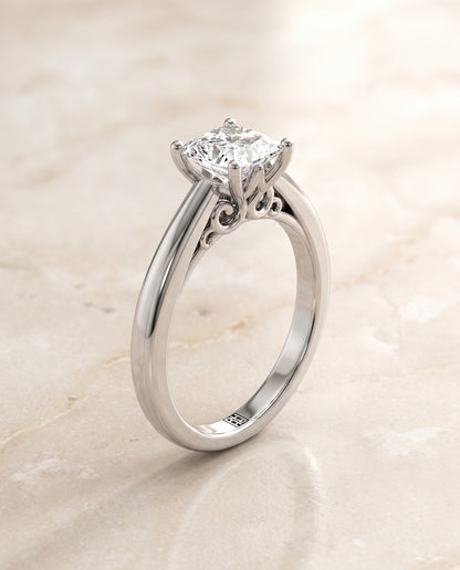 The Rio Scroll Gallery Comfort Fit Solitaire Princess Cut Engagement Ring Setting in Platinum