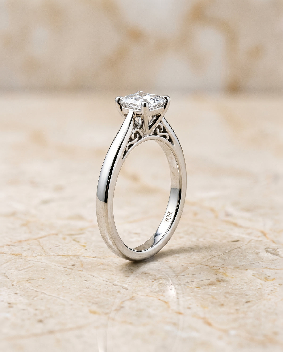 The Rio Scroll Gallery Comfort Fit Solitaire Princess Cut Engagement Ring Setting in Platinum