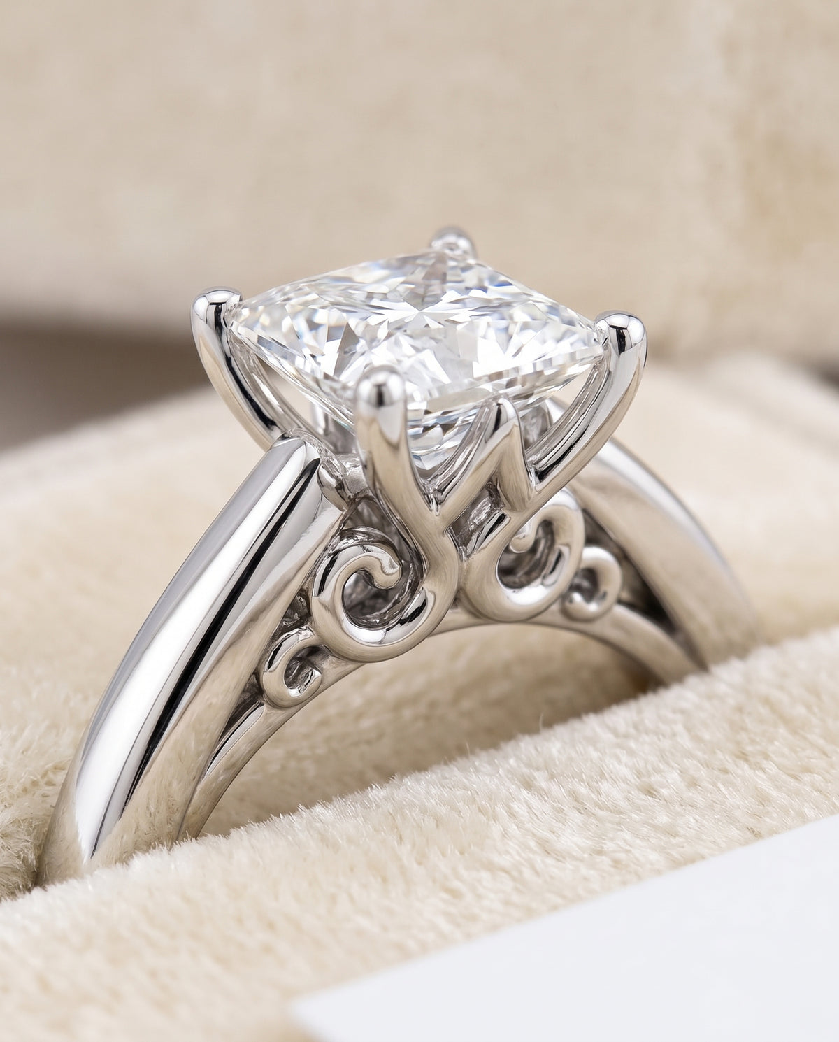 The Rio Scroll Gallery Comfort Fit Solitaire Princess Cut Engagement Ring Setting in Platinum