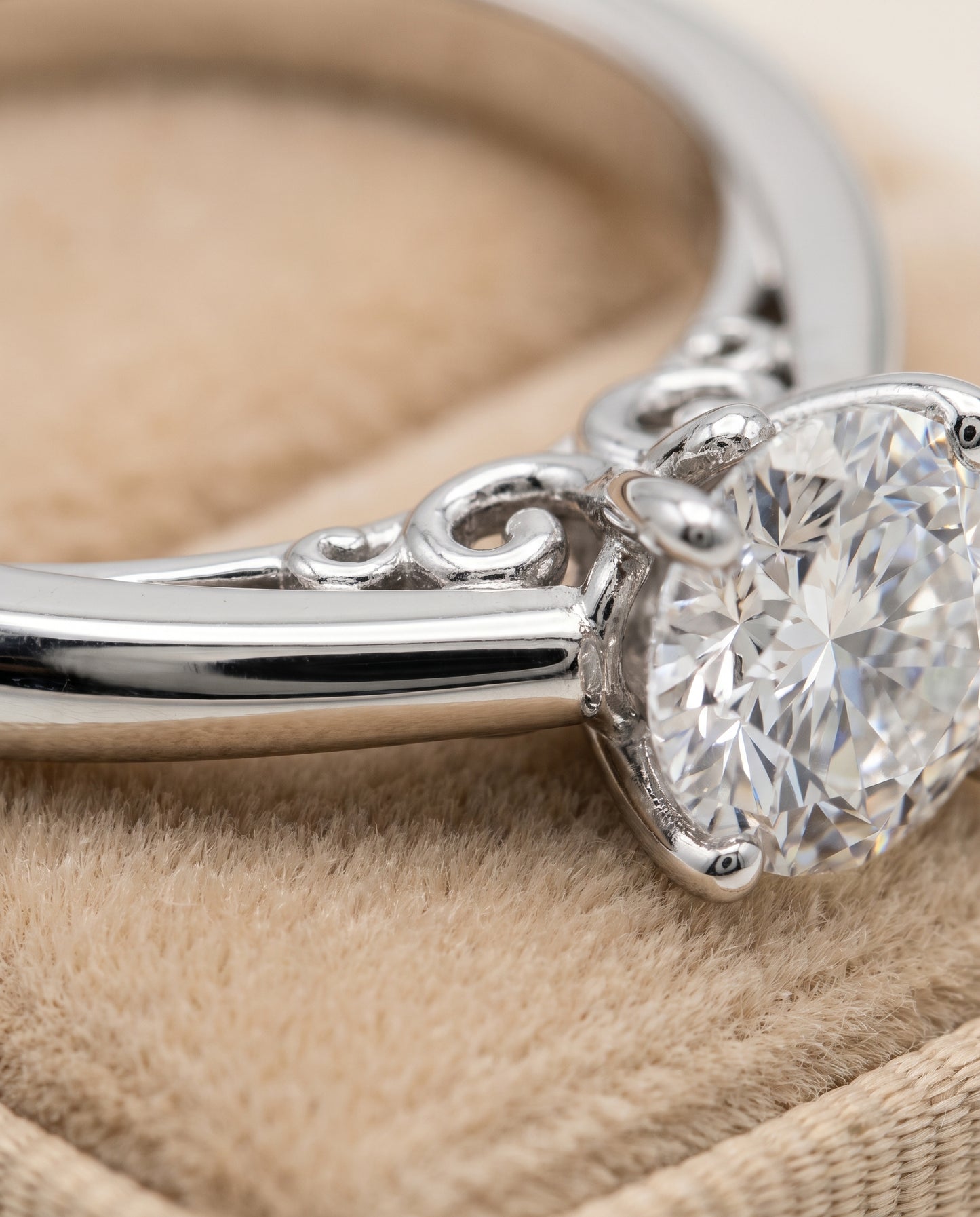 The Rio Scroll Gallery Comfort Fit Solitaire Round Engagement Ring Setting in Platinum