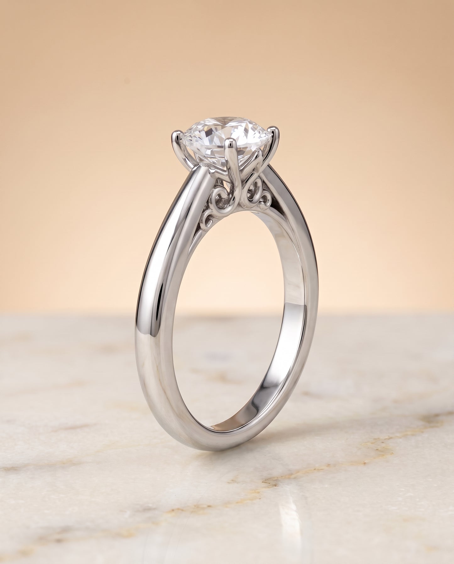 The Rio Scroll Gallery Comfort Fit Solitaire Round Engagement Ring Setting in Platinum