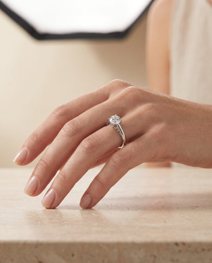 The Rio Scroll Gallery Comfort Fit Solitaire Round Engagement Ring Setting in Platinum