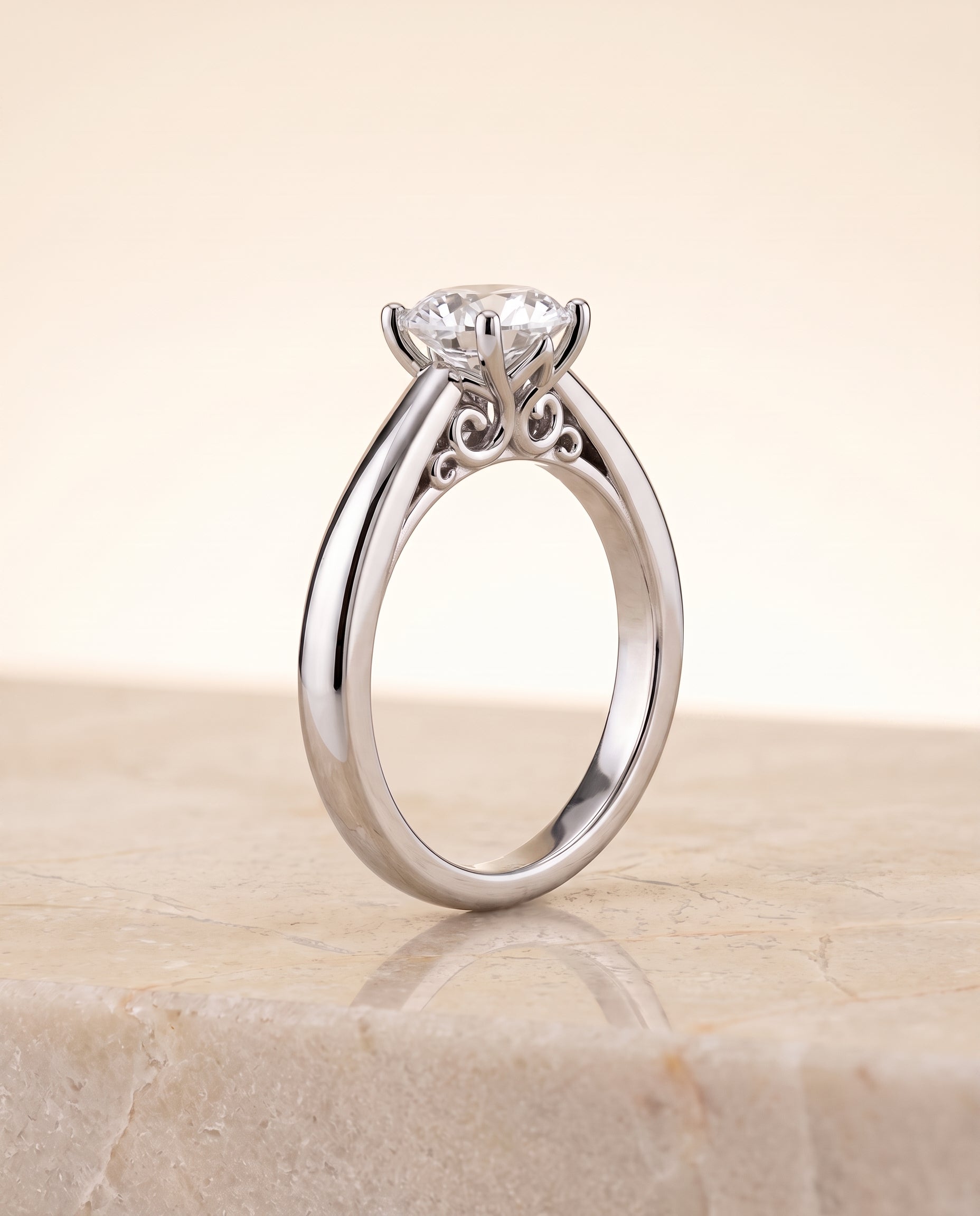The Rio Scroll Gallery Comfort Fit Solitaire Round Engagement Ring Setting in Platinum
