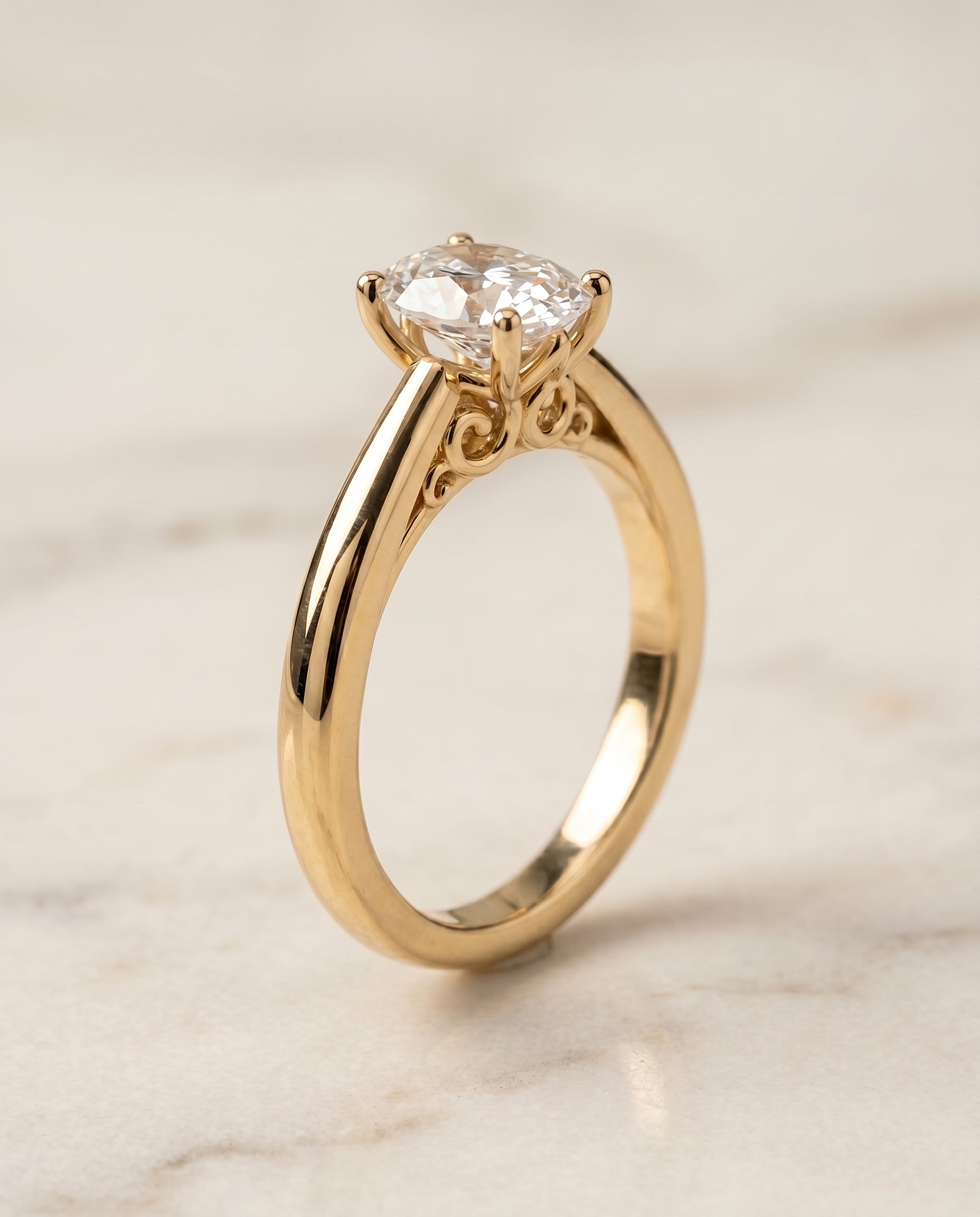 Scroll Gallery Comfort Fit Solitaire styling on The Rio oval engagement ring setting | RockHer