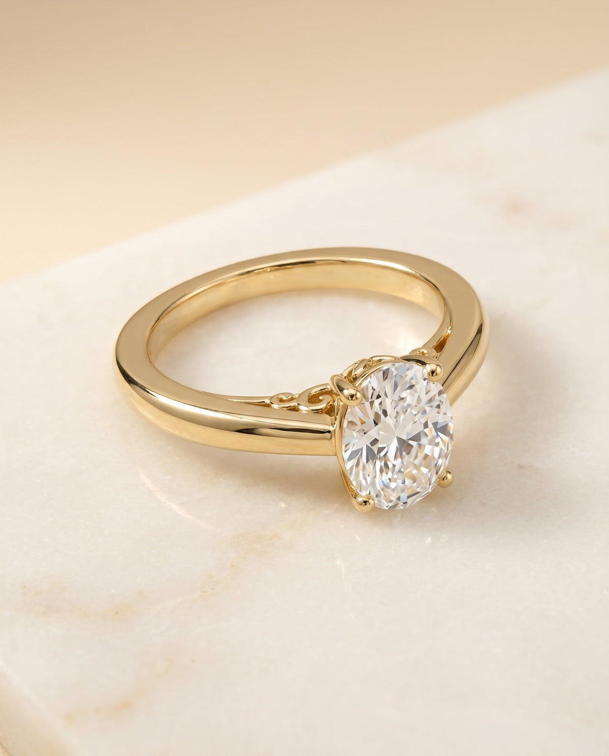 Rio Select Solitaire Oval Lab Diamond Engagement Ring in 18K Yellow Gold, shown on hand, angled | RockHer