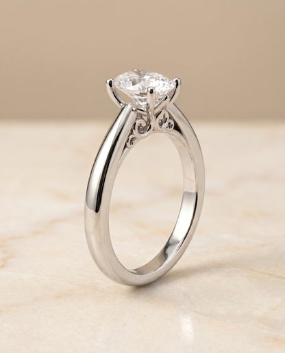 The Rio Scroll Gallery Comfort Fit Solitaire Oval Engagement Ring Setting in Platinum