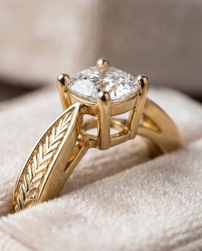 Roberta Select Vintage Leaf Pattern Solitaire Cushion Cut Lab Diamond Engagement Ring in 18K Yellow Gold, detail view | RockHer