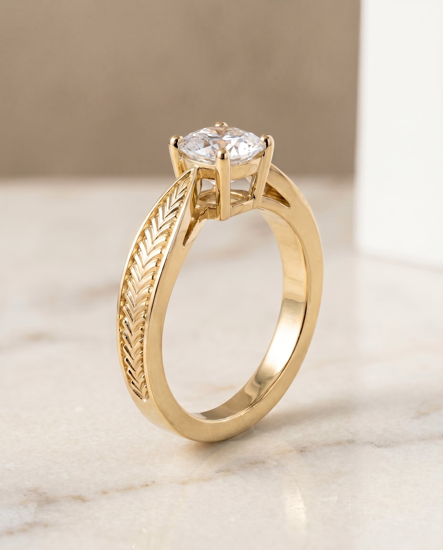 Vintage Leaf Pattern Solitaire Cut styling on The Roberta cushion engagement ring setting | RockHer