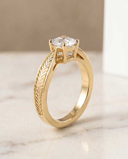 The Roberta Vintage Leaf Pattern Solitaire Cushion Cut Engagement Ring Setting in 18K Yellow Gold