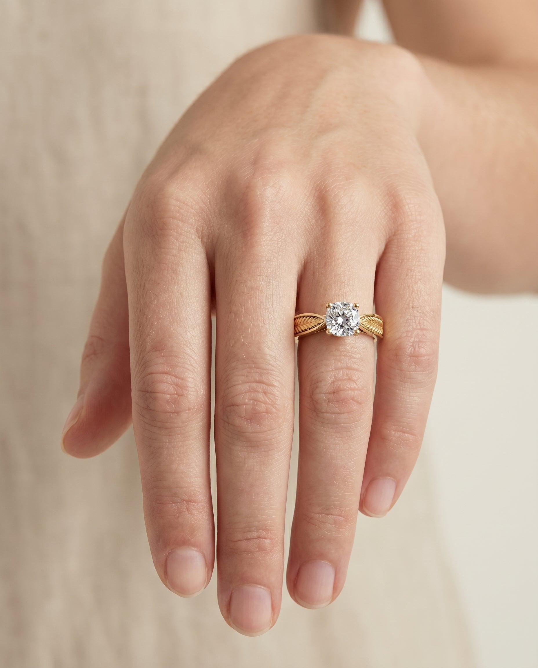 The Roberta engagement ring setting in 18K Yellow Gold, vintage leaf pattern solitaire cut design | RockHer