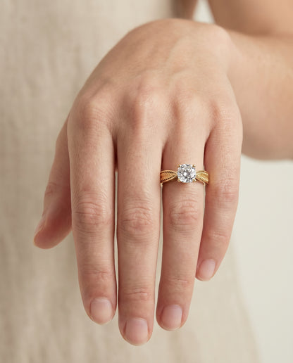 The Roberta Vintage Leaf Pattern Solitaire Cushion Cut Engagement Ring Setting in 18K Yellow Gold