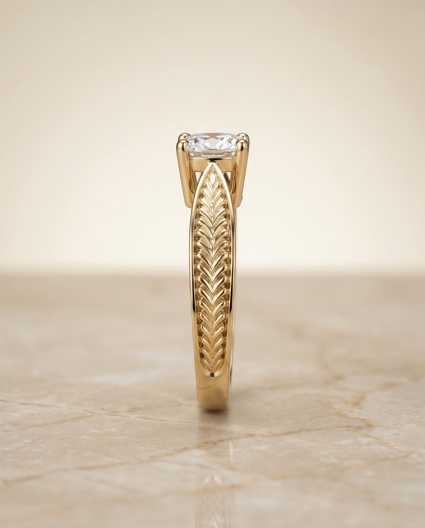 Roberta Select Vintage Leaf Pattern Solitaire Cushion Cut Lab Diamond Engagement Ring in 18K Yellow Gold, side view | RockHer