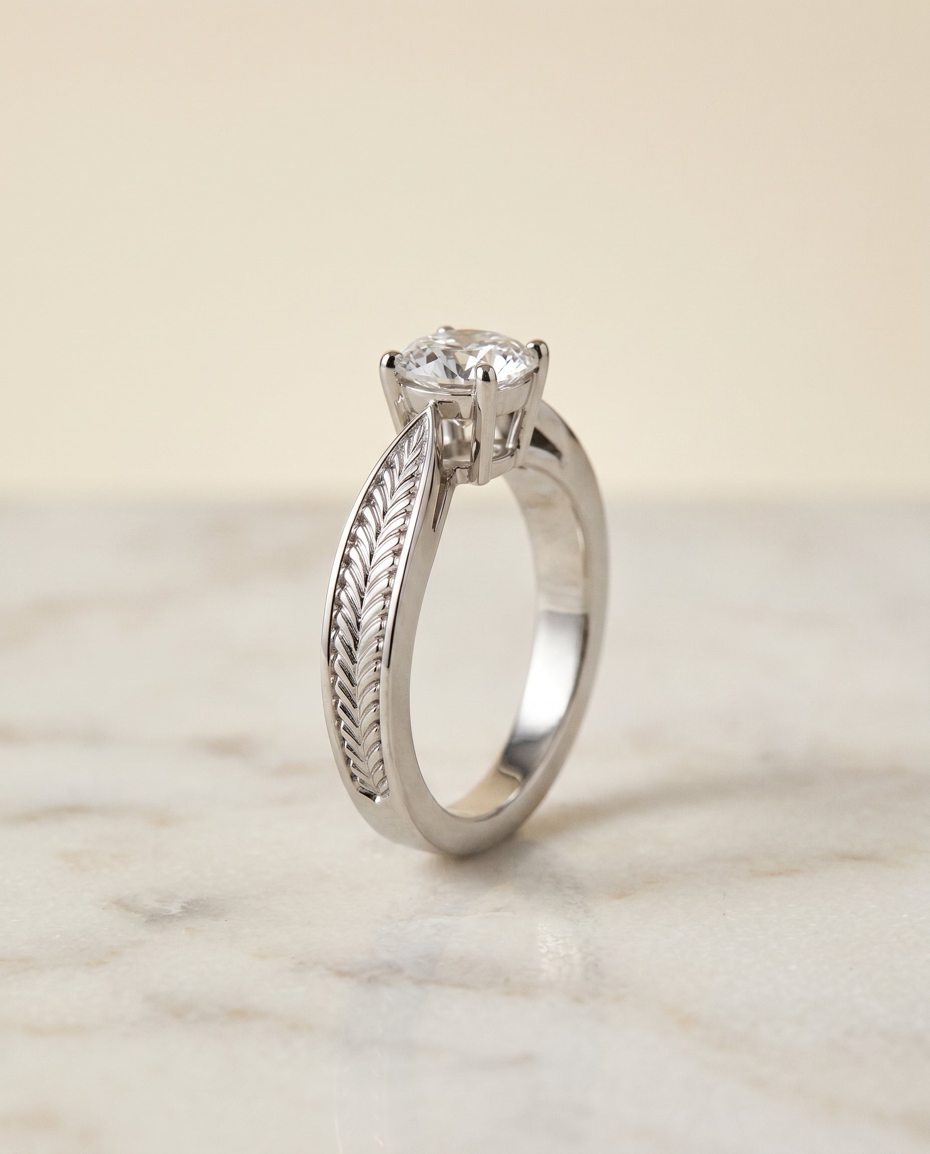 Vintage Leaf Pattern Solitaire Cut styling on The Roberta cushion engagement ring setting | RockHer