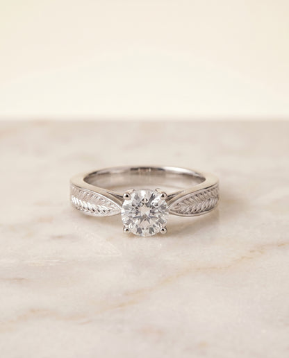 The Roberta Vintage Leaf Pattern Solitaire Cushion Cut Engagement Ring Setting in Platinum