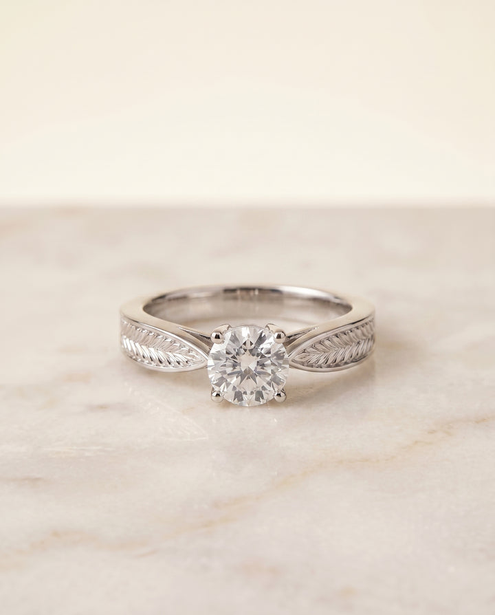 The Roberta Vintage Leaf Pattern Solitaire Cushion Cut Engagement Ring Setting in Platinum
