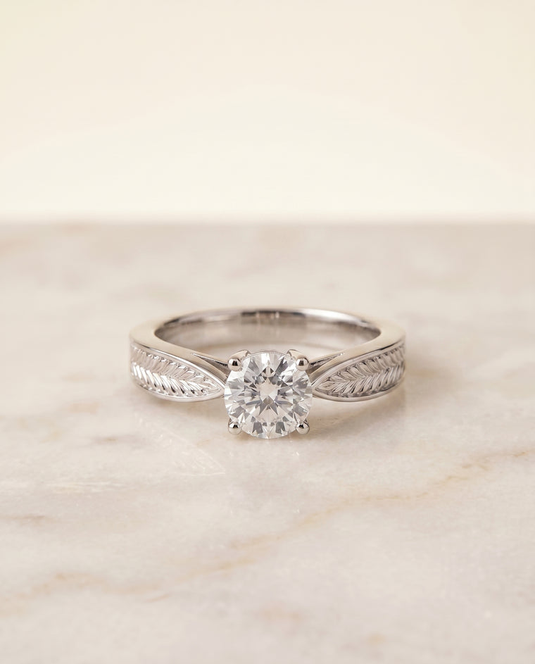 The Roberta Vintage Leaf Pattern Solitaire Cushion Cut Engagement Ring Setting in Platinum