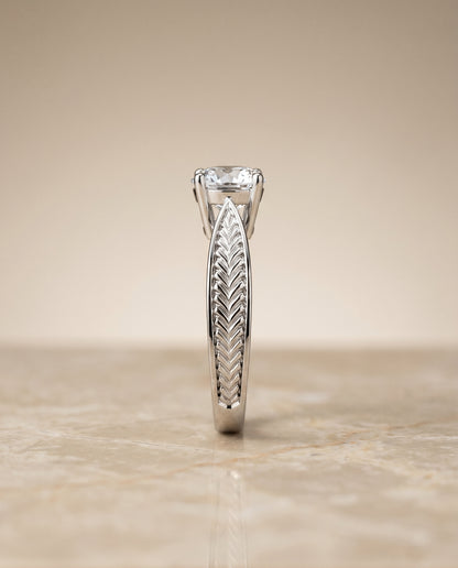 The Roberta Vintage Leaf Pattern Solitaire Cushion Cut Engagement Ring Setting in Platinum