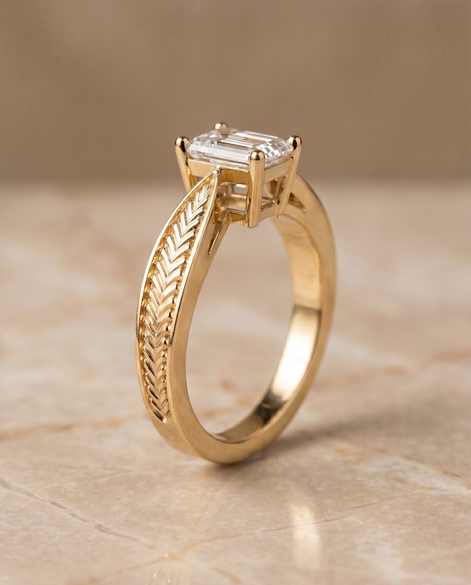 Vintage Leaf Pattern Solitaire Cut styling on The Roberta emerald engagement ring setting | RockHer