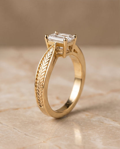 Roberta Select Solitaire Emerald Cut Lab Diamond Engagement Ring in 18K Yellow Gold, front view | RockHer