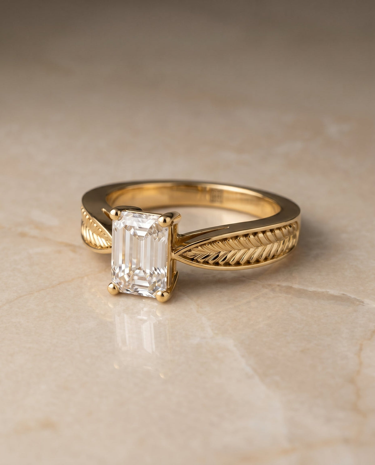 Roberta Select Solitaire Emerald Cut Lab Diamond Engagement Ring in 18K Yellow Gold, shown on hand, angled | RockHer