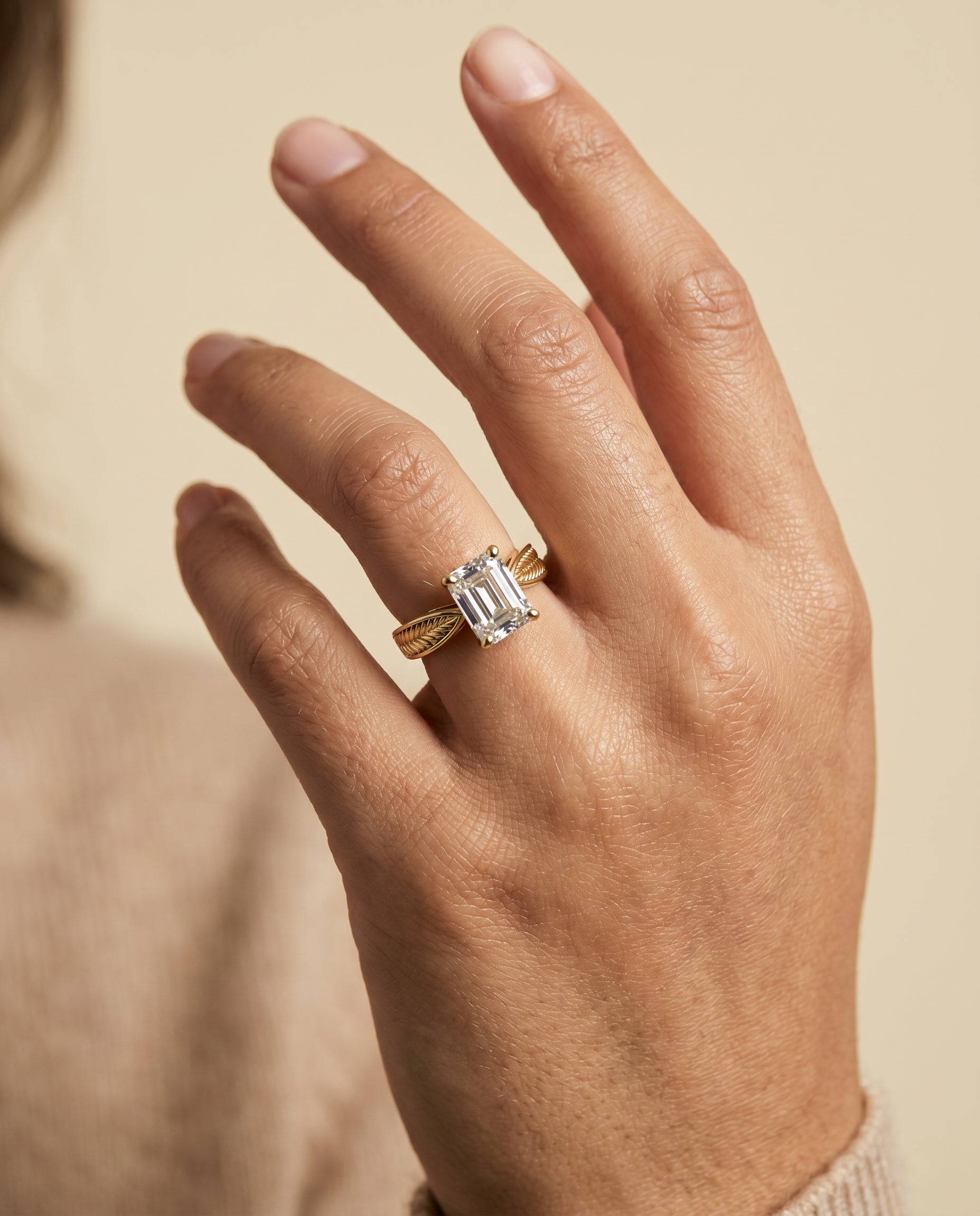 The Roberta engagement ring setting in 18K Yellow Gold, vintage leaf pattern solitaire cut design | RockHer