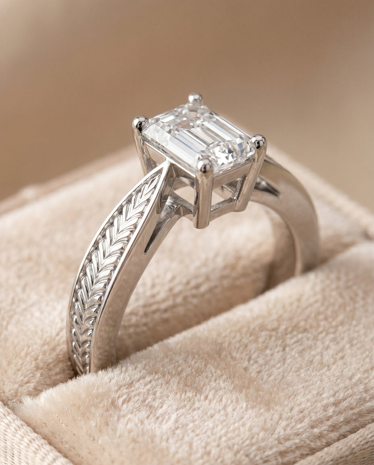 Roberta Select Solitaire Emerald Cut Lab Diamond Engagement Ring in Platinum, detail view | RockHer