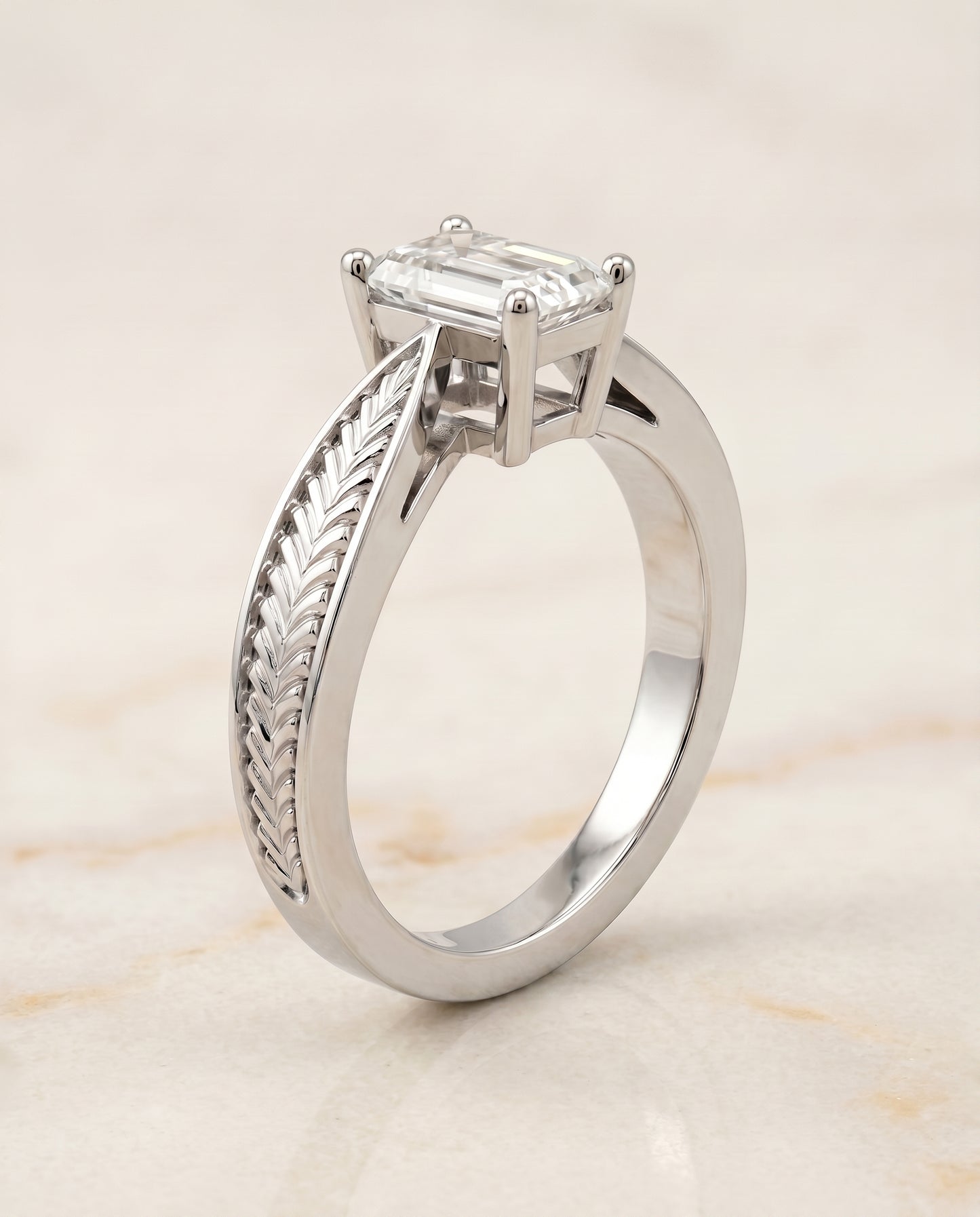 The Roberta Vintage Leaf Pattern Solitaire Emerald Cut Engagement Ring Setting in Platinum
