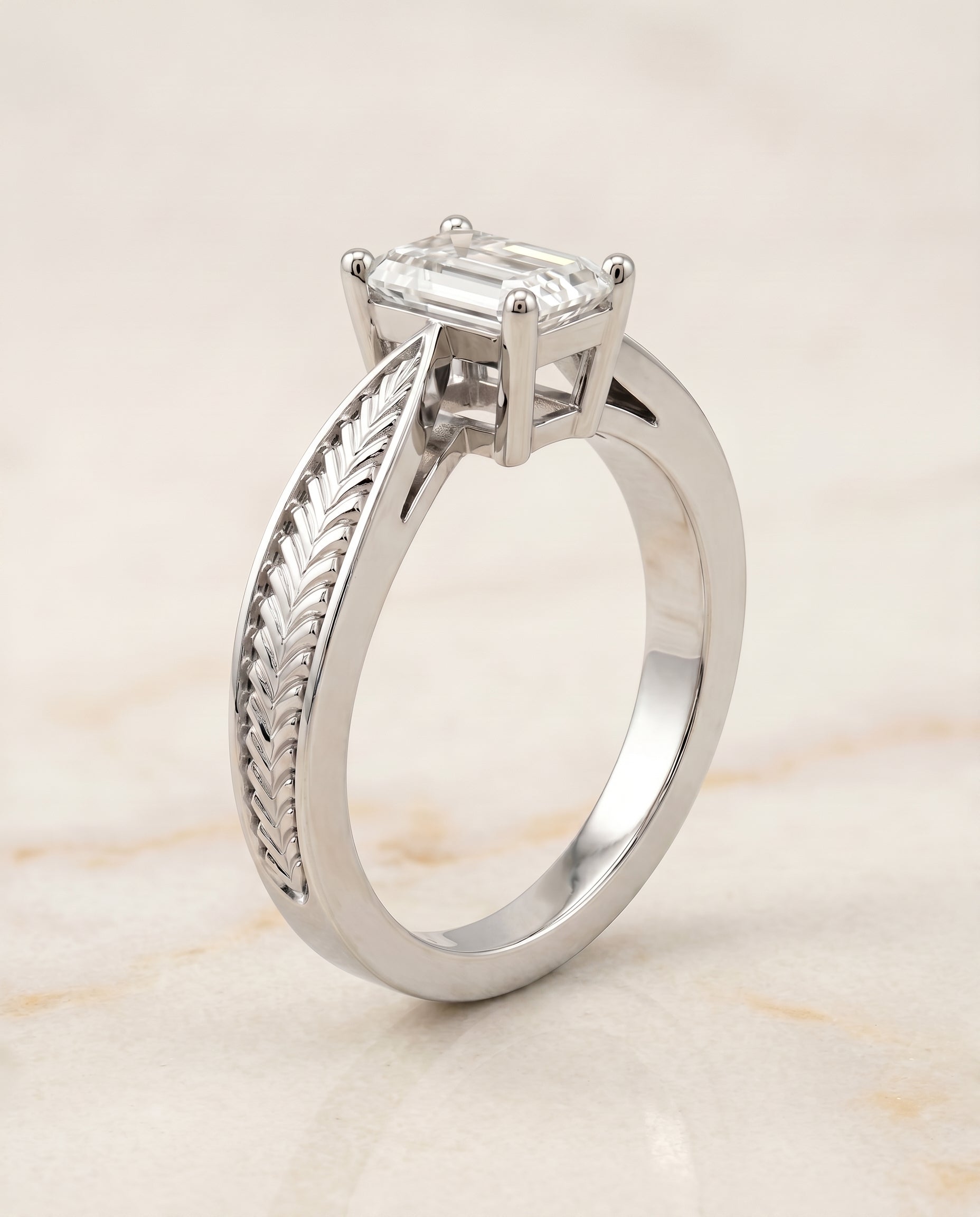 Vintage Leaf Pattern Solitaire Cut styling on The Roberta emerald engagement ring setting | RockHer