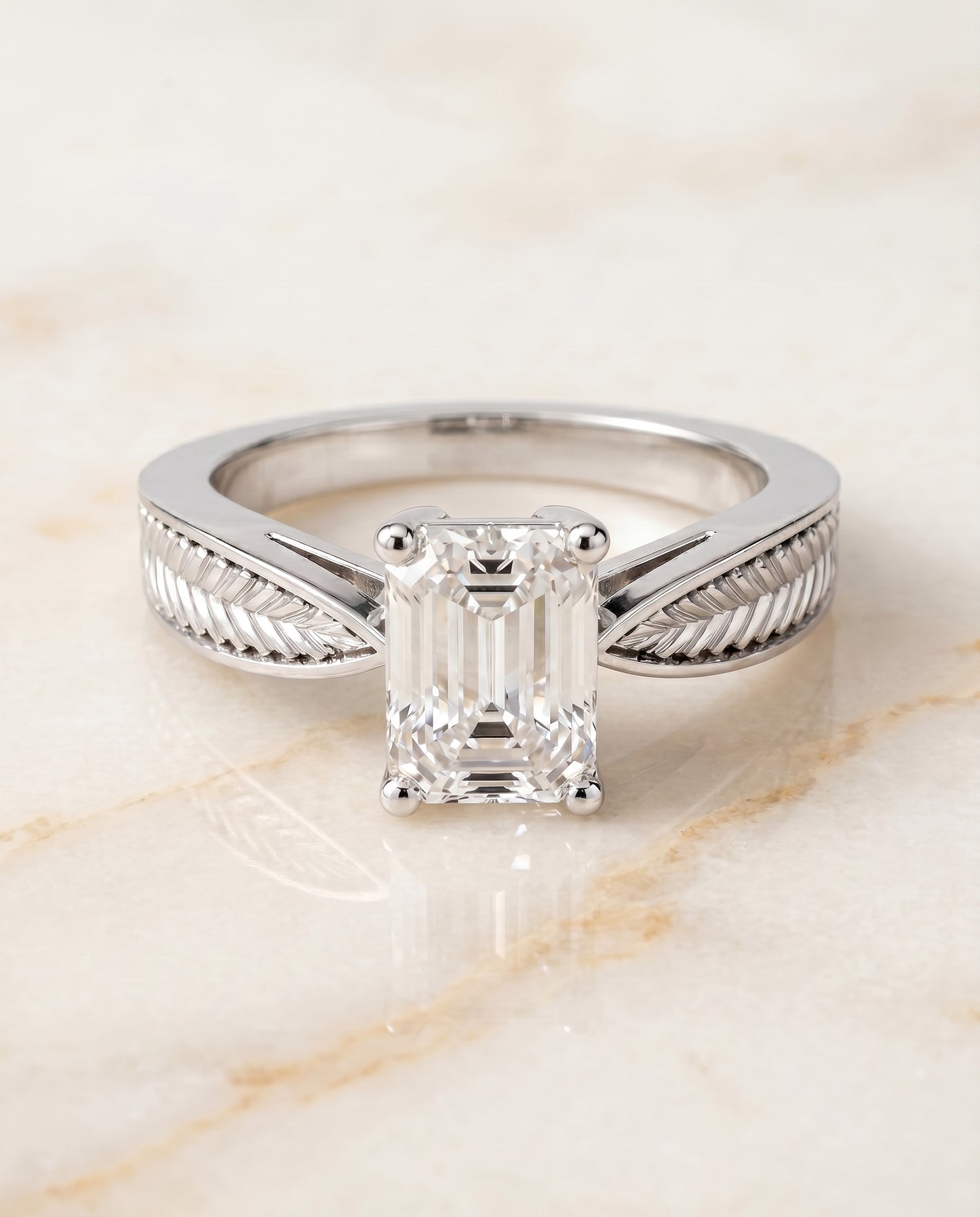 The Roberta Vintage Leaf Pattern Solitaire Emerald Cut Engagement Ring Setting in Platinum