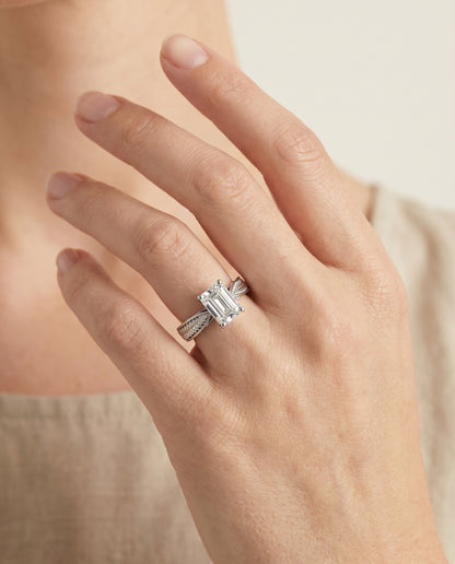 The Roberta Vintage Leaf Pattern Solitaire Emerald Cut Engagement Ring Setting in Platinum