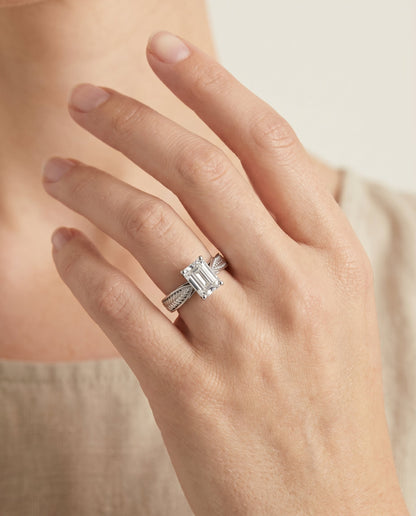 Roberta Select Solitaire Emerald Cut Lab Diamond Engagement Ring in Platinum, shown on hand | RockHer