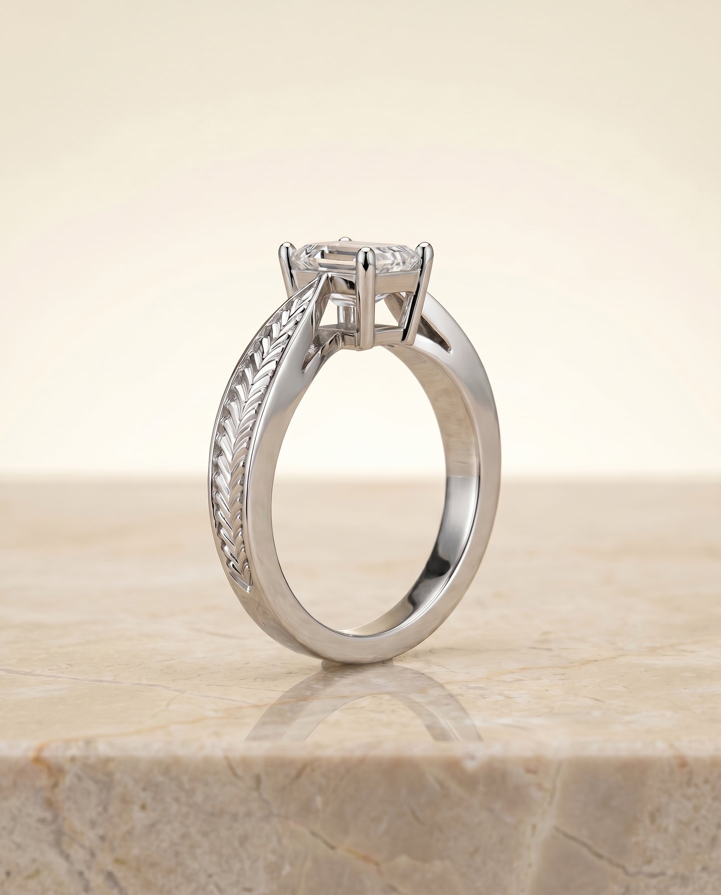 The Roberta Vintage Leaf Pattern Solitaire Emerald Cut Engagement Ring Setting in Platinum