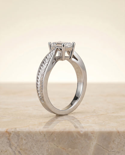The Roberta Vintage Leaf Pattern Solitaire Emerald Cut Engagement Ring Setting in Platinum