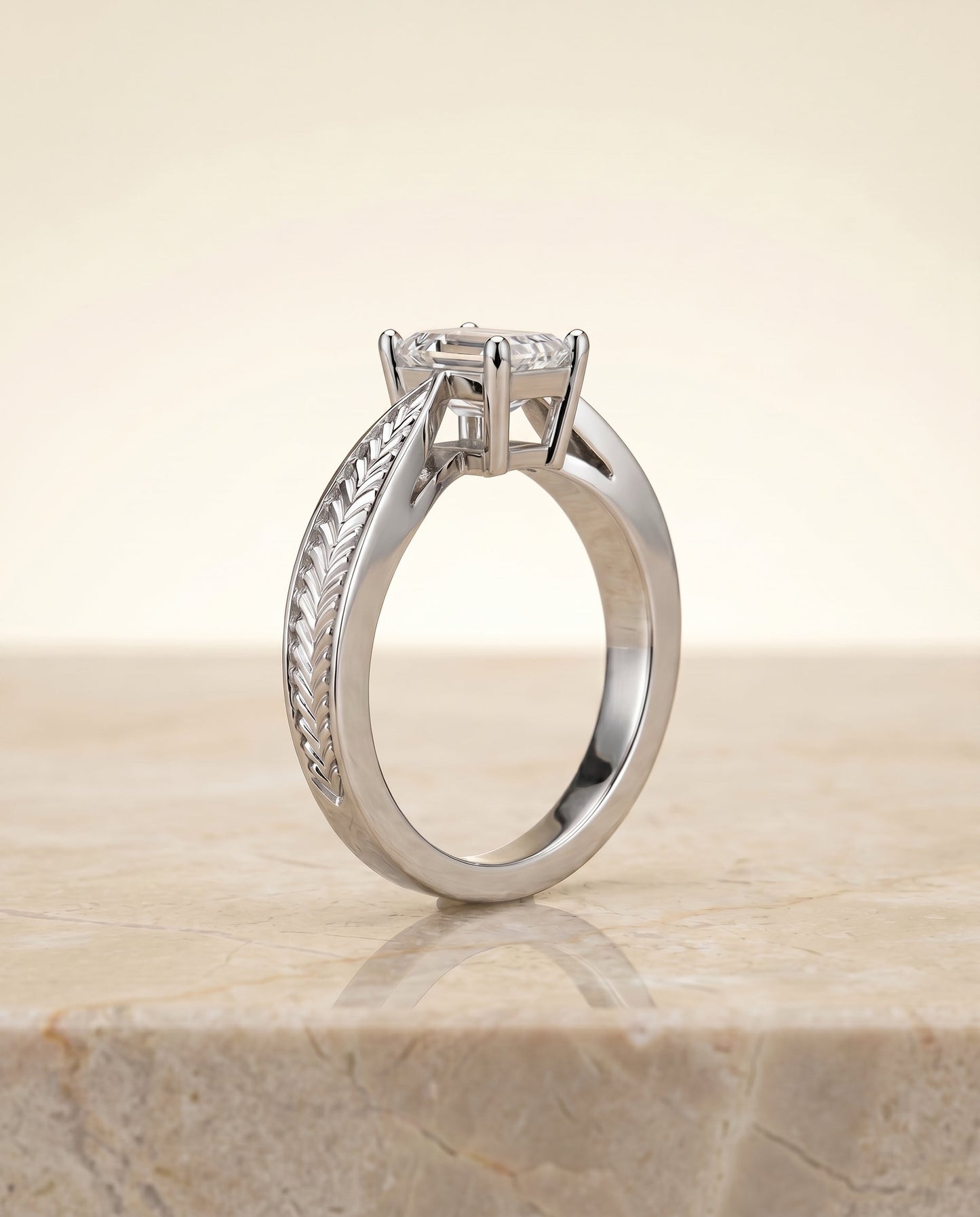 Roberta Select Solitaire Emerald Cut Lab Diamond Engagement Ring in Platinum, side view | RockHer