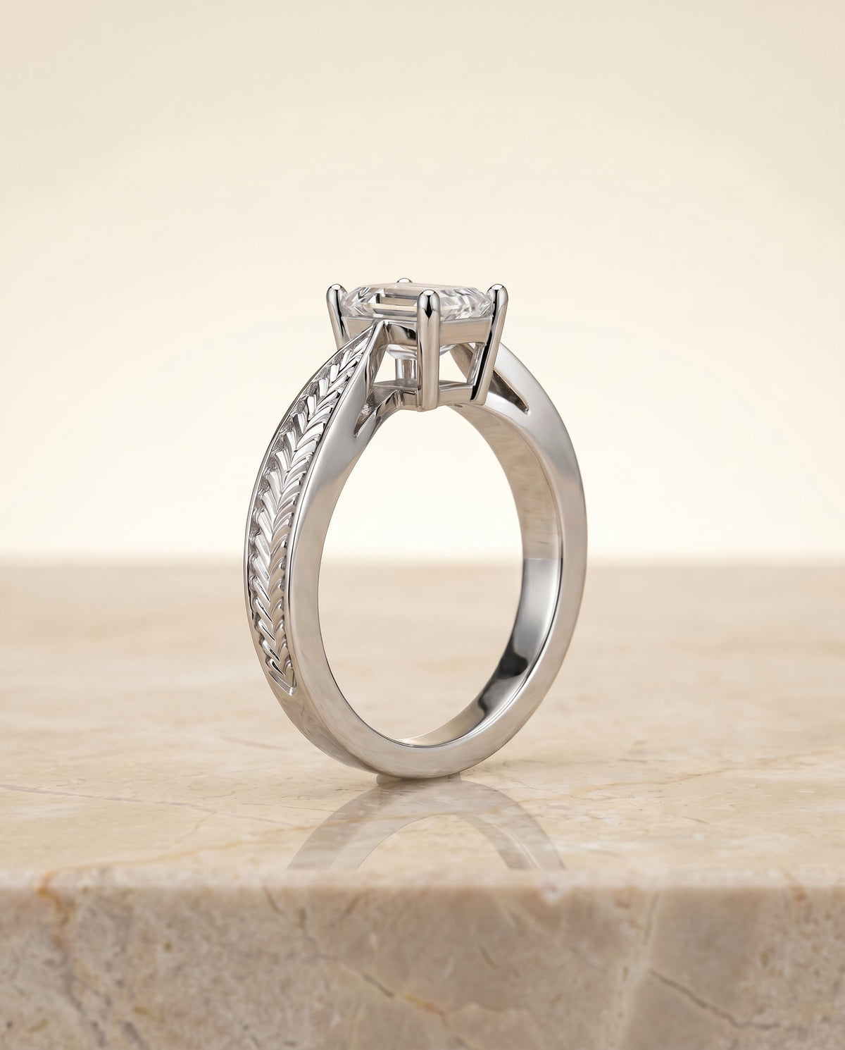 Roberta Select Solitaire Emerald Cut Lab Diamond Engagement Ring in Platinum, side view | RockHer