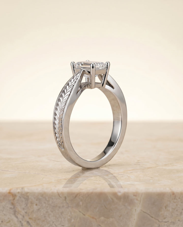 Roberta Select Solitaire Emerald Cut Lab Diamond Engagement Ring in Platinum, side view | RockHer