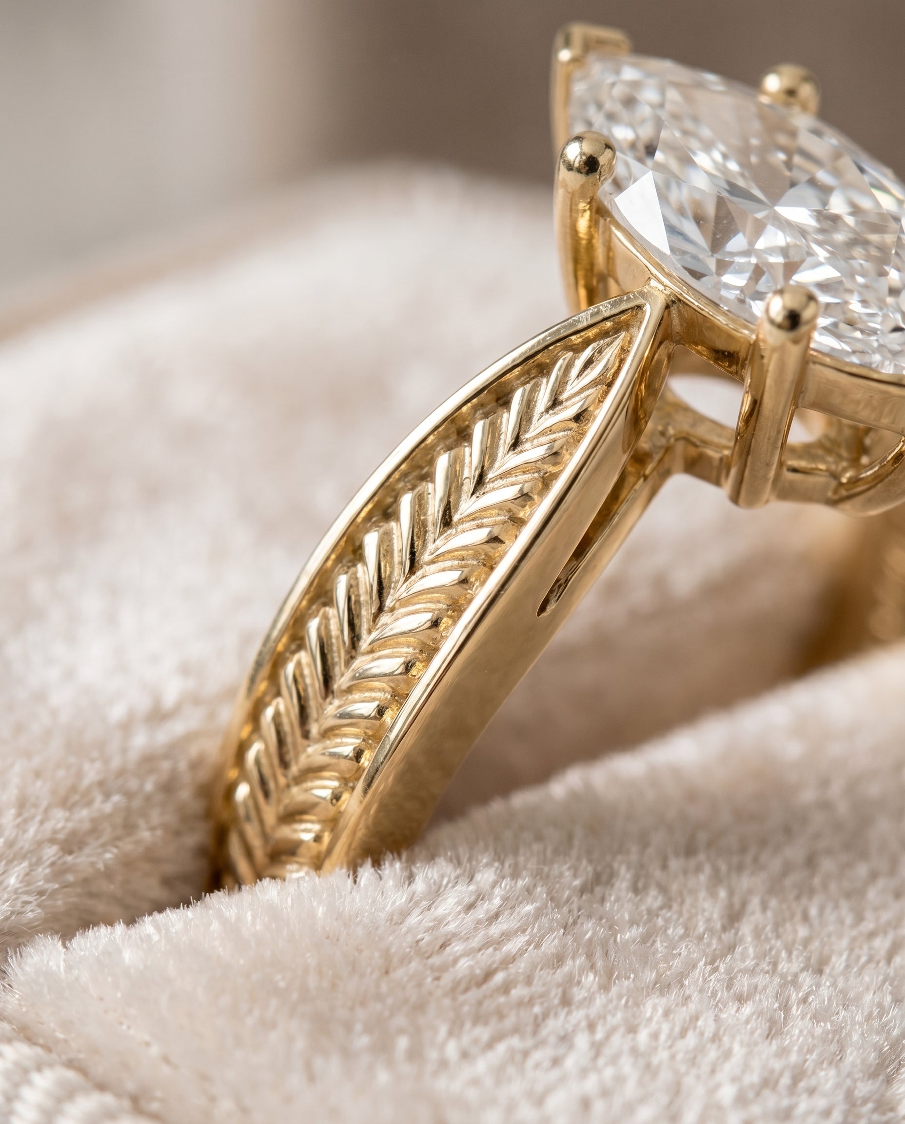 18K Yellow Gold band of The Roberta marquise engagement ring setting | RockHer