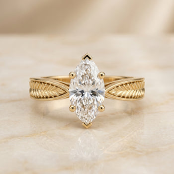 The Roberta Vintage Leaf Pattern Solitaire Marquise Engagement Ring Setting in 18K Yellow Gold