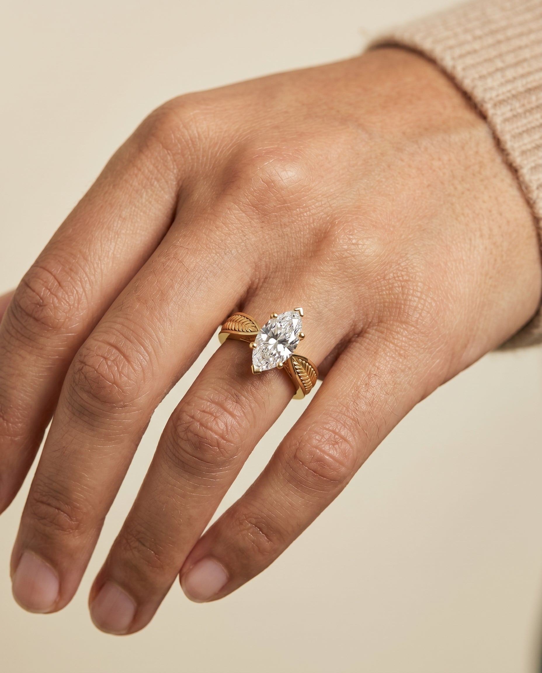 The Roberta engagement ring setting in 18K Yellow Gold, vintage leaf pattern solitaire design | RockHer