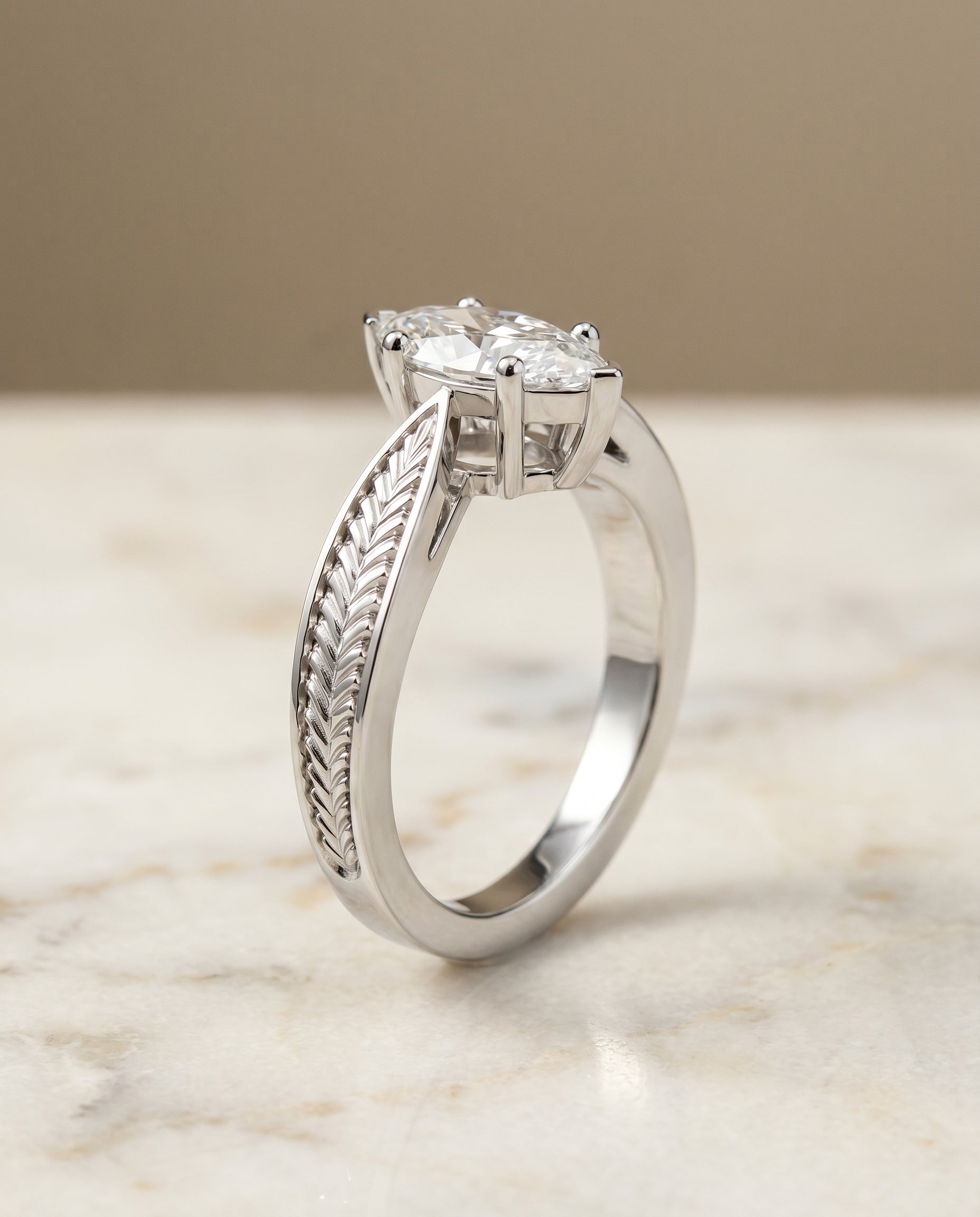 Vintage Leaf Pattern Solitaire styling on The Roberta marquise engagement ring setting | RockHer