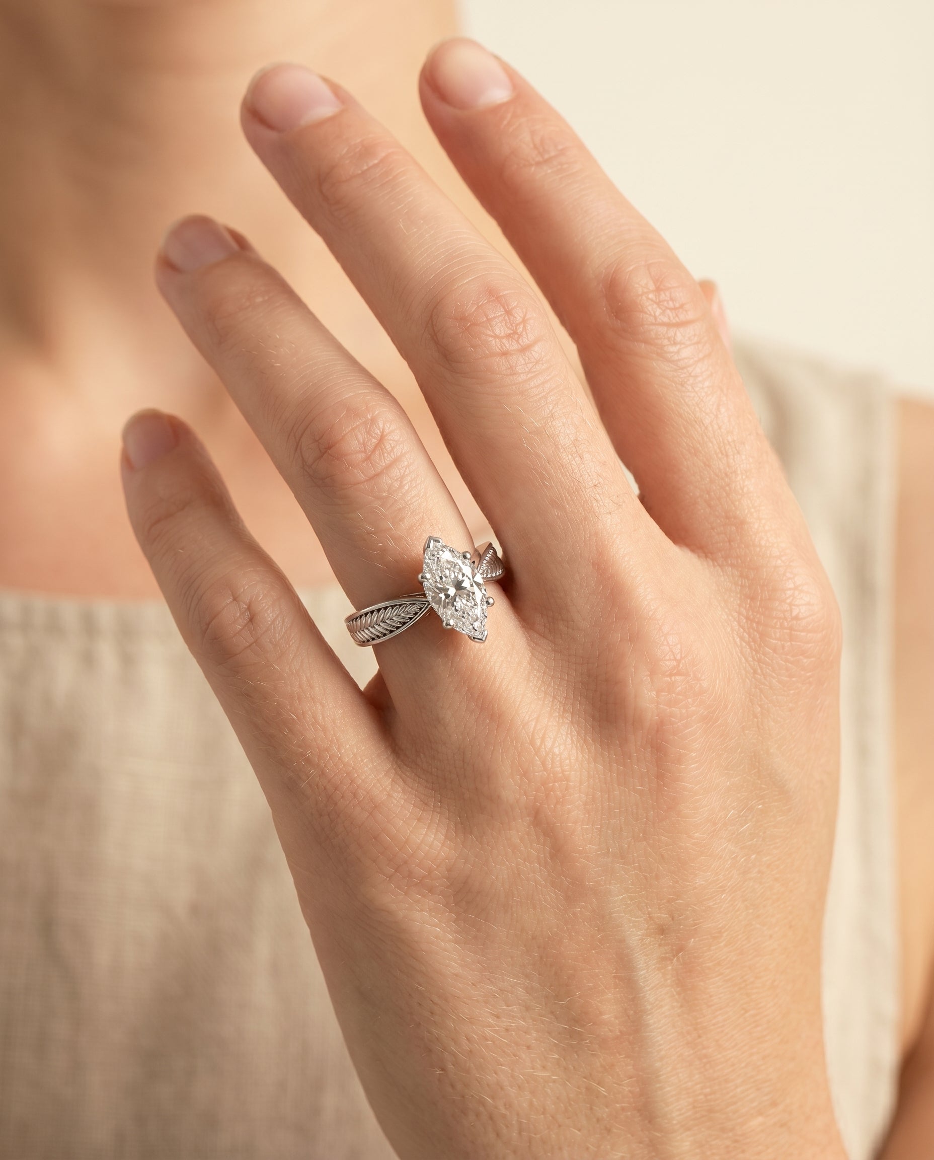 The Roberta engagement ring setting in Platinum, vintage leaf pattern solitaire design | RockHer