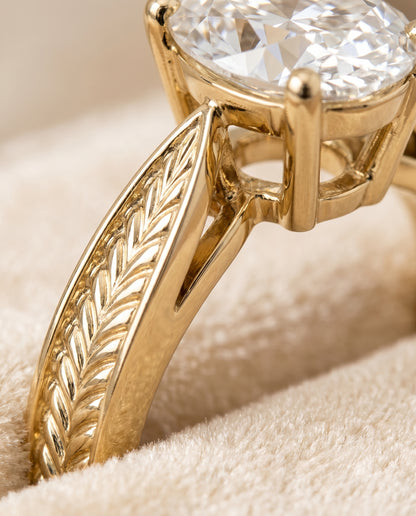 The Roberta Vintage Leaf Pattern Solitaire Oval Engagement Ring Setting in 18K Yellow Gold
