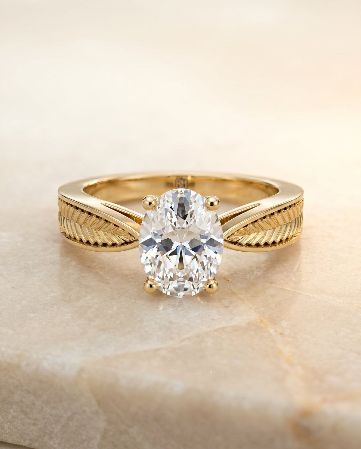 Roberta Select Solitaire Oval Lab Diamond Engagement Ring in 18K Yellow Gold, shown on hand, angled | RockHer