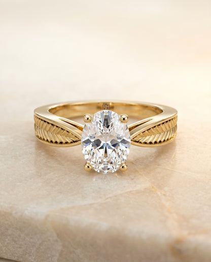 The Roberta Vintage Leaf Pattern Solitaire Oval Engagement Ring Setting in 18K Yellow Gold