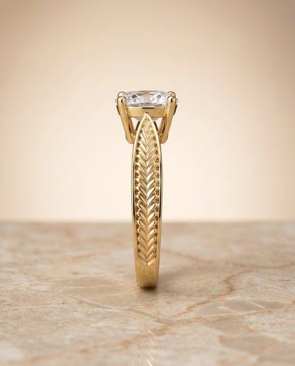 The Roberta Vintage Leaf Pattern Solitaire Oval Engagement Ring Setting in 18K Yellow Gold